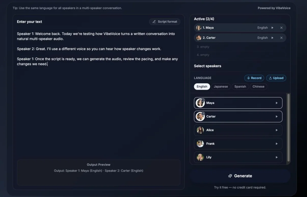 How to use VibeVoice text to speech with speaker selection and script input