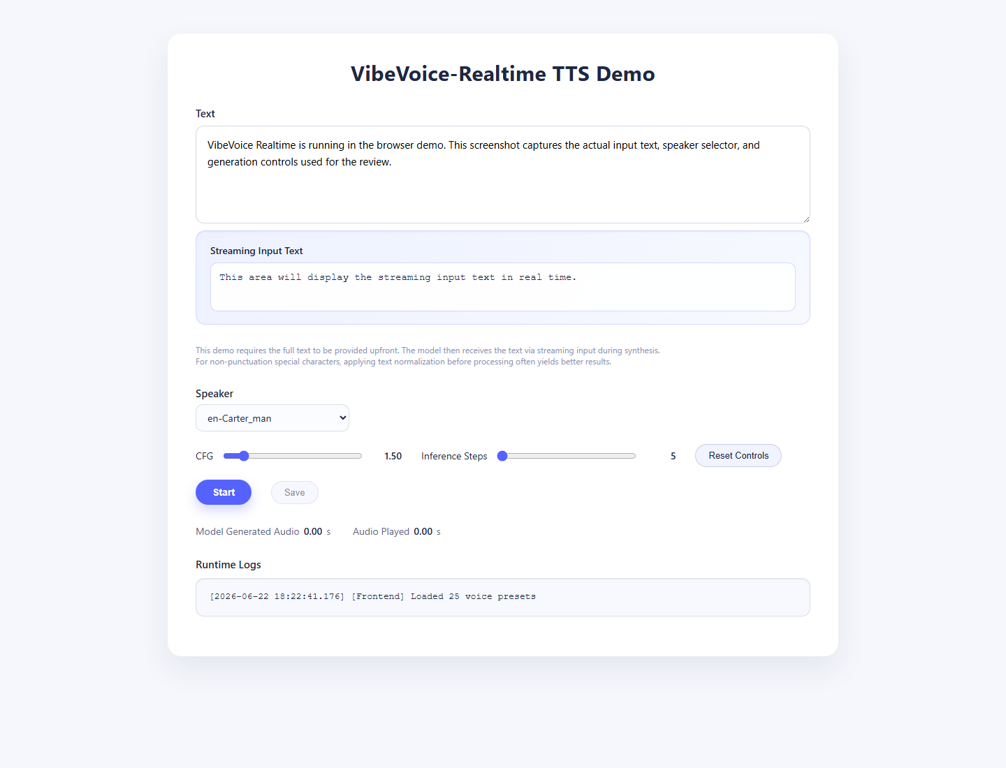 VibeVoice Realtime input screenshot